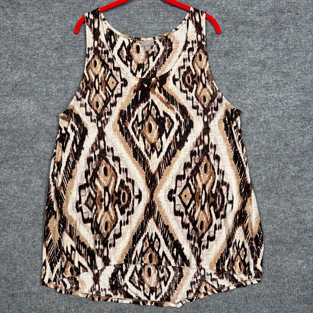 J.Jill Womens Size XL Tank Top Brown Linen Geo Aztec Stretch Layering Sleeveless
